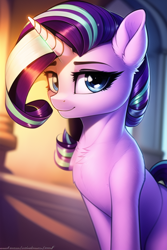 Size: 512x768 | Tagged: safe, derpibooru import, generator:novelai, generator:stable diffusion, machine learning generated, starlight glimmer, pony, unicorn, chest fluff, female, looking at you, mare, smiling, solo, sternocleidomastoid