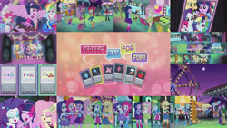 Size: 1280x721 | Tagged: safe, derpibooru import, edit, edited screencap, editor:quoterific, screencap, apple bloom, applejack, discord, fluttershy, pinkie pie, rainbow dash, rarity, scootaloo, sweetie belle, twilight sparkle, equestria girls, perfect day for fun, amusement park, bass guitar, belt, boots, clothes, cowboy boots, cowboy hat, cutie mark, cutie mark crusaders, drums, electric guitar, guitar, hat, high heel boots, jacket, keyboard, microphone, musical instrument, phone, ponied up, shirt, shoes, skirt, socks, song, tambourine, vest