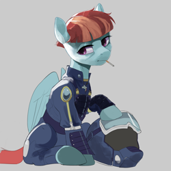 Size: 4000x4000 | Tagged: safe, artist:cadillacdynamite, derpibooru import, windy whistles, pegasus, pony, alternate timeline, badass, bags under eyes, cigarette, clothes, crystal war timeline, female, gray background, helmet, lidded eyes, mare, military uniform, simple background, solo, uniform