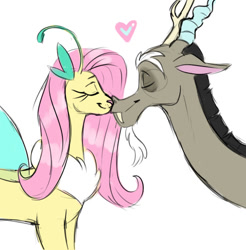 Size: 540x549 | Tagged: safe, artist:yubov, derpibooru import, discord, fluttershy, draconequus, discoshy, draconequified, eyes closed, female, flutterequus, heart, kissing, male, nose kiss, shipping, simple background, species swap, straight, white background