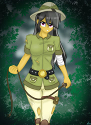 Size: 1280x1761 | Tagged: safe, alternate version, artist:lennondash, derpibooru import, daring do, human, equestria girls, bandage, clothes, female, feminism, gritted teeth, looking at you, pants, pith helmet, shirt, solo, teeth, torn clothes, whip