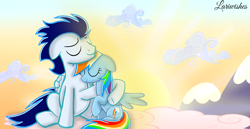 Size: 1980x1020 | Tagged: safe, artist:mlplary6, derpibooru import, rainbow dash, soarin', pegasus, pony, cloud, dawn, duo, eyes closed, female, hug, male, mare, mountain, shipping, sitting, smiling, soarindash, stallion, straight, sun, sunrise