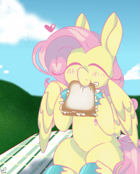 Size: 893x1112 | Tagged: safe, artist:pagophasia, derpibooru exclusive, derpibooru import, fluttershy, pegasus, pony, blushing, bread, cloud, colored hooves, cute, daaaaaaaaaaaw, daffodil and daisy sandwich, daytime, eating, eyes closed, female, floating heart, flower, food, grass, happy, heart, hoof hold, impossibly long eyelashes, nom, picnic blanket, sandwich, shyabetes, sitting, smiling, solo, unshorn fetlocks, wings
