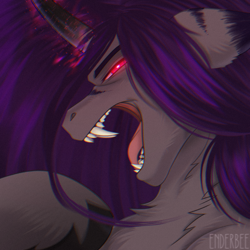 Size: 2048x2048 | Tagged: safe, artist:enderbee, derpibooru import, oc, oc:enderbee, pony, unicorn, angry, bust, fangs, glowing, glowing eyes, glowing horn, horn, long hair, magic, portrait, purple hair, red eyes, solo, tongue, tongue out