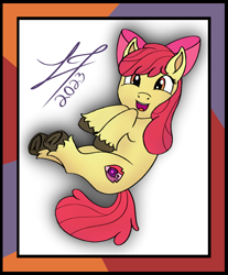 Size: 746x900 | Tagged: safe, artist:lucytwostickz, derpibooru import, apple bloom, earth pony, pony, female, filly, foal, looking at you, lying down, open mouth, solo, unshorn fetlocks