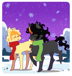 Size: 853x898 | Tagged: safe, artist:ghoulhowls, derpibooru import, braeburn, king sombra, earth pony, umbrum, unicorn, chibi, clothes, happy, night, scarf, shipping, snow, somburn, winter