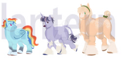 Size: 1024x523 | Tagged: safe, artist:lanternik, derpibooru import, applejack, rainbow dash, twilight sparkle, unicorn twilight, earth pony, pegasus, pony, unicorn, deviantart watermark, obtrusive watermark, redesign, simple background, unshorn fetlocks, watermark, white background, wings