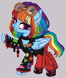 Size: 920x1080 | Tagged: safe, artist:justsadluna, derpibooru import, rainbow dash, pegasus, pony, choker, clothes, ear piercing, earring, eyelashes, female, goggles, jewelry, mare, necklace, piercing, raised hoof, raised leg, simple background, solo, wings