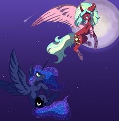 Size: 2335x2374 | Tagged: safe, artist:brybrychan, derpibooru import, princess luna, oc, alicorn, pony, alicorn oc, duo, ethereal mane, female, flying, full moon, grin, horn, looking up, mare, moon, night, shooting star, slim, smiling, starry mane, thin, wings