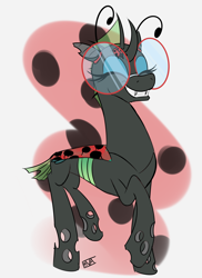 Size: 4000x5500 | Tagged: safe, artist:evan555alpha, oc, oc only, oc:yvette (evan555alpha), changeling, ladybug, evan's daily buggo ii, antennae, broach, changeling oc, colored sketch, cosplay, dorsal fin, ear clip, eyes closed, fangs, female, glasses, grin, happy, happy dance, prancing, raised hoof, raised leg, round glasses, shell, signature, simple background, sketch, smiling, solo