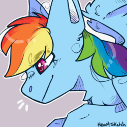 Size: 1000x1000 | Tagged: safe, artist:heart-sketch, derpibooru import, rainbow dash, pegasus, pony, animated, beanbrows, bust, emanata, eye clipping through hair, eyebrows, eyebrows visible through hair, female, gif, mare, portrait, signature, simple background, smiling, solo