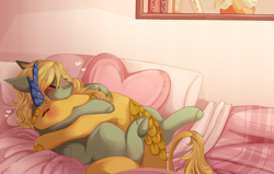 Size: 1106x702 | Tagged: safe, artist:maerishi, derpibooru import, oc, oc only, oc:ashe, oc:gold rush, kirin, book, cuddling, pillow, plushie