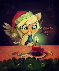 Size: 926x1125 | Tagged: safe, artist:dearmary, derpibooru import, oc, oc only, oc:mirta whoowlms, pegasus, pony, candy, christmas, clothes, dynamite, explosives, food, fuse, hat, holiday, not applejack, santa hat, scarf, solo, striped scarf, this will end in explosions, too dumb to live