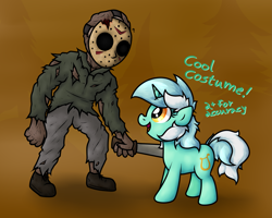 Size: 2365x1888 | Tagged: safe, artist:background basset, derpibooru import, lyra heartstrings, human, pony, unicorn, confused, dialogue, duo, friday the 13th, jason voorhees, machete, open mouth, text