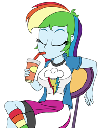 Size: 850x1080 | Tagged: safe, artist:roseluck, derpibooru exclusive, derpibooru import, rainbow dash, human, equestria girls, mirror magic, spoiler:eqg specials, big breasts, breasts, chair, clothes, colored sketch, cropped, crossed legs, cup, cutie mark on clothes, drink, drinking, drinking straw, eyes closed, female, holding, jacket, kneesocks, missing accessory, rainboob dash, rainbow socks, scene interpretation, shirt, shorts, shorts under skirt, simple background, sitting, skirt, socks, solo, striped socks, t-shirt, three quarter view, white background