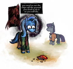 Size: 703x673 | Tagged: safe, artist:punkittdev, derpibooru import, maud pie, trixie, earth pony, unicorn, chips, disco elysium, doritos, female, food, horsecomix