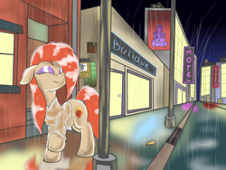 Size: 3000x2250 | Tagged: safe, artist:amateur-draw, derpibooru import, oc, oc only, oc:phosphor flame, earth pony, pony, city, clothes, eyes closed, female, high res, manehattan, mare, poster, rain, shirt, smiling, solo, wanted poster, wet, wet clothes, wet mane, wet shirt