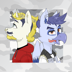 Size: 5000x5000 | Tagged: safe, artist:xasslash, derpibooru import, oc, griffon, unicorn, abstract background, beard, clothes, duo, ear piercing, facial hair, griffon oc, horn, male, nose piercing, piercing, septum piercing, tongue, tongue out, tongue piercing, unicorn oc, wreath