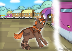 Size: 1280x905 | Tagged: safe, artist:sparkbolt3020, derpibooru import, part of a set, oc, oc:kindling flames, kirin, commission, confused, kirin oc, reality shift, story included, train, train station