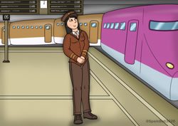 Size: 1280x905 | Tagged: safe, artist:sparkbolt3020, derpibooru import, part of a set, oc, oc:kindling flames, human, beauty mark, clock, clothes, commission, hat, humanized, smiling, story included, train, train station, uniform