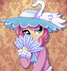Size: 1752x1878 | Tagged: safe, artist:stormcloud, derpibooru import, swan song, earth pony, pony, background pony, blue eyes, bust, clothes, commission, cute, dress, fan, female, hand fan, hat, hoof hold, looking away, mare, shy, smiling, solo