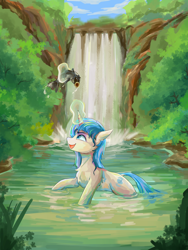 Size: 2100x2800 | Tagged: safe, artist:月下枫林, derpibooru import, oc, oc only, oc:blueblaze stardust, fish, unicorn, forest, smiling, water, waterfall