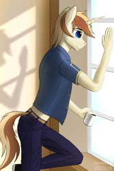 Size: 2000x3000 | Tagged: safe, artist:dash wang, derpibooru import, oc, oc only, oc:cream brun, anthro, unicorn, clothes, coffee, hand, male, shoes, solo, window