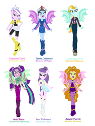 Size: 1024x1353 | Tagged: safe, artist:prettycelestia, derpibooru import, adagio dazzle, aria blaze, diamond tiara, lightning dust, suri polomare, trixie, siren, equestria girls, ponied up, simple background, sirenified, species swap, white background