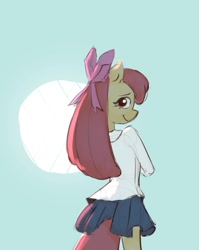 Size: 678x852 | Tagged: safe, artist:haku nichiya, derpibooru import, apple bloom, anthro, earth pony, adorabloom, apple bloom's bow, bow, clothes, cute, hair bow, looking at you, looking back, looking back at you, pleated skirt, school uniform, skirt, smiling, solo