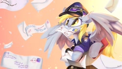 Size: 1920x1080 | Tagged: safe, artist:sketchiix3, derpibooru import, derpy hooves, pegasus, pony, :3, cap, clothes, female, hat, letter, mail, mailbox, mailmare, mailmare hat, mouth hold, solo, spread wings, uniform, wings