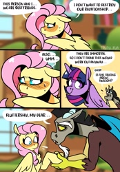 Size: 1423x2048 | Tagged: safe, artist:lrusu, derpibooru import, discord, fluttershy, twilight sparkle, twilight sparkle (alicorn), alicorn, draconequus, pegasus, pony, ..., blushing, clueless, comic, dialogue, discoshy, eyebrows, eyebrows visible through hair, female, male, shipping, shy, smiling, speech bubble, straight, surprised, sweat, trio, wide eyes