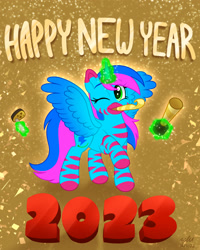 Size: 1638x2048 | Tagged: safe, artist:horse-time-babey, derpibooru import, oc, oc only, alicorn, pony, 2023, alicorn oc, happy new year, holiday, horn, solo, wings