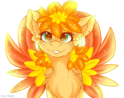 Size: 1914x1514 | Tagged: safe, artist:yuris, derpibooru import, oc, oc only, pegasus, pony, bust, cute, ears back, female, freckles, green eyes, ponified, portrait, simple background, smiling, solo, spread wings, white background, wings