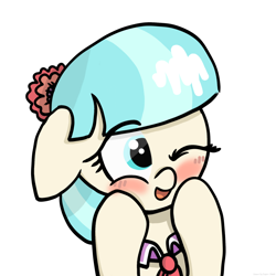 Size: 2048x2048 | Tagged: safe, artist:super-dead, derpibooru import, coco pommel, earth pony, pony, blushing, cocobetes, cute, female, hooves on cheeks, one eye closed, simple background, solo, white background