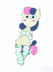 Size: 830x1130 | Tagged: safe, artist:kanw, derpibooru import, bon bon, sweetie drops, earth pony, pony, bed, blushing, clothes, featureless crotch, lying down, smiling, socks, solo, solo focus, striped socks