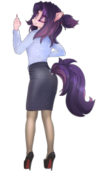 Size: 2500x4400 | Tagged: safe, alternate version, artist:lakunae, derpibooru import, oc, oc only, oc:violet, anthro, anthro oc, clothes, female, fuck you, high heels, looking at you, looking back, makeup, mare, office lady, pantyhose, pencil skirt, shirt, shoes, simple background, skirt, smiling, transparent background, tube skirt