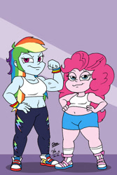 Size: 730x1094 | Tagged: safe, artist:tmntsam, derpibooru import, pinkie pie, rainbow dash, human, equestria girls, clothes, converse, duo, duo female, fat, female, flexing, midriff, muscles, pudgy pie, rainbuff dash, shoes, short, tanktop, vein bulge