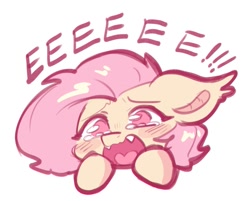 Size: 797x641 | Tagged: safe, artist:colorfulcolor233, derpibooru import, fluttershy, bat pony, pony, amogus, amogus eyes, among us, bat ponified, blush sticker, blushing, cute, cute little fangs, eeee, fangs, flutterbat, meme, open mouth, race swap, simple background, solo, teary eyes, white background
