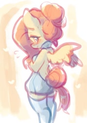 Size: 517x726 | Tagged: safe, artist:colorfulcolor233, derpibooru import, fluttershy, anthro, pegasus, alternate hairstyle, backless, blushing, clothes, embarrassed, looking at you, looking back, looking back at you, open-back sweater, sleeveless, sleeveless sweater, socks, spread wings, sweater, thigh highs, virgin killer sweater, wavy mouth, wings