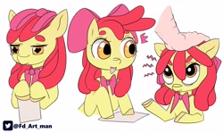 Size: 3500x2084 | Tagged: safe, artist:fd, derpibooru import, apple bloom, earth pony, human, pony, :t, adorabloom, beanbrows, bowtie, cute, emanata, eyebrows, female, filly, foal, hand, hand on head, paper, solo