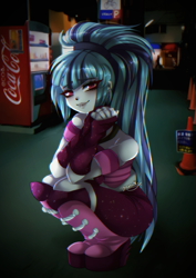 Size: 627x885 | Tagged: safe, artist:granatty, derpibooru import, sonata dusk, siren, equestria girls, boots, clothes, coca-cola, disguise, disguised siren, looking at you, ponytail, shoes, smiling, solo, squatting, tanktop, traffic cone, vending machine