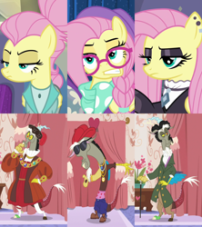 Size: 2732x3072 | Tagged: safe, derpibooru import, edit, edited screencap, screencap, discord, fluttershy, discordant harmony, fake it 'til you make it, accessories, alternate clothes, alternate hairstyle, braid, cane, carpet, clothes, comparison, cravat, cropped, curtains, dapper, dress, ear piercing, earring, eyeshadow, fashion, female, fluttergoth, frock coat, gangsta, glasses, hair bun, hat, henry vii, hipstershy, jewelry, leggings, makeup, male, medallion, pants, piercing, scarf, severeshy, shoes, suit, sunglasses, underwear, waistband, watch, wig