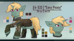 Size: 2700x1500 | Tagged: safe, artist:sinrinf, derpibooru import, oc, oc only, oc:e4-533, oc:easy peasy, pony, unicorn, fallout equestria, clothes, commission, female, mare, reference sheet, solo, ych result, your character here