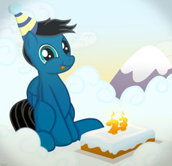 Size: 6860x6600 | Tagged: safe, artist:agkandphotomaker2000, derpibooru import, oc, oc only, oc:pony video maker, pegasus, pony, birthday, birthday cake, cake, candle, cloud, folded wings, food, hat, looking at you, mountain, party hat, show accurate, sitting, tongue, tongue out, wings