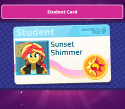 Size: 1124x976 | Tagged: safe, alternate version, artist:altynp, derpibooru import, part of a set, sunset shimmer, human, equestria girls, friendship games, female, id card, smiling, solo