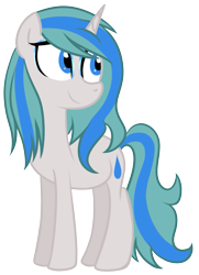 Size: 983x1357 | Tagged: safe, artist:technoponywardrobe, derpibooru import, oc, oc only, oc:charity seashell, pony, unicorn, 2023 community collab, blue eyes, cute, derpibooru community collaboration, eyelashes, eyeshadow, female, full body, horn, makeup, simple background, smiling, solo, standing, tail, transparent background, two toned mane, two toned tail, unicorn oc, water droplet