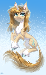 Size: 2000x3250 | Tagged: safe, artist:hakaina, derpibooru import, oc, oc only, unicorn, abstract background, beautiful, belly, cheek fluff, chest fluff, coat markings, colored, colored belly, curved horn, cute, ear fluff, ears, eyebrows, eyelashes, facial markings, female, fluffy, high res, hoof fluff, horn, leg fluff, leonine tail, long tail, looking at you, mare, ocbetes, pale belly, raised hooves, shading, signature, slim, smiling, smiling at you, socks (coat marking), solo, tail, tail fluff, thin, three quarter view, unicorn oc, unshorn fetlocks