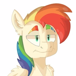 Size: 1600x1600 | Tagged: safe, artist:bubblecalf, derpibooru import, oc, oc only, oc:shooting star, pegasus, pony, bust, ear fluff, ears, eyebrow slit, eyebrows, flight of the valkyrie, multicolored hair, rainbow hair, simple background, solo, the tale of two sisters, white background, wing fluff, wings