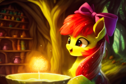 Size: 1536x1024 | Tagged: safe, artist:zealousmagician, derpibooru import, generator:purplesmart.ai, generator:stable diffusion, machine learning assisted, apple bloom, earth pony, pony, g4, apple bloom's bow, blurry background, bow, everfree forest, female, hair bow, happy, indoors, mare, open mouth, open smile, potion, potion making, smiling, solo