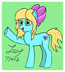 Size: 885x983 | Tagged: safe, artist:lucytwostickz, derpibooru import, oc, oc only, oc:lucy twosticks, earth pony, pony, bow, earth pony oc, green background, hair bow, simple background, solo